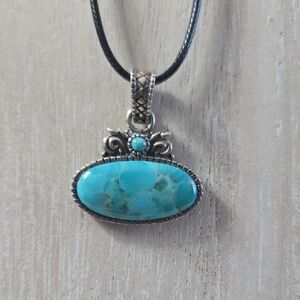 Turquoise Barse Oval Pendant Necklace with Silver Accents 925 Thailand